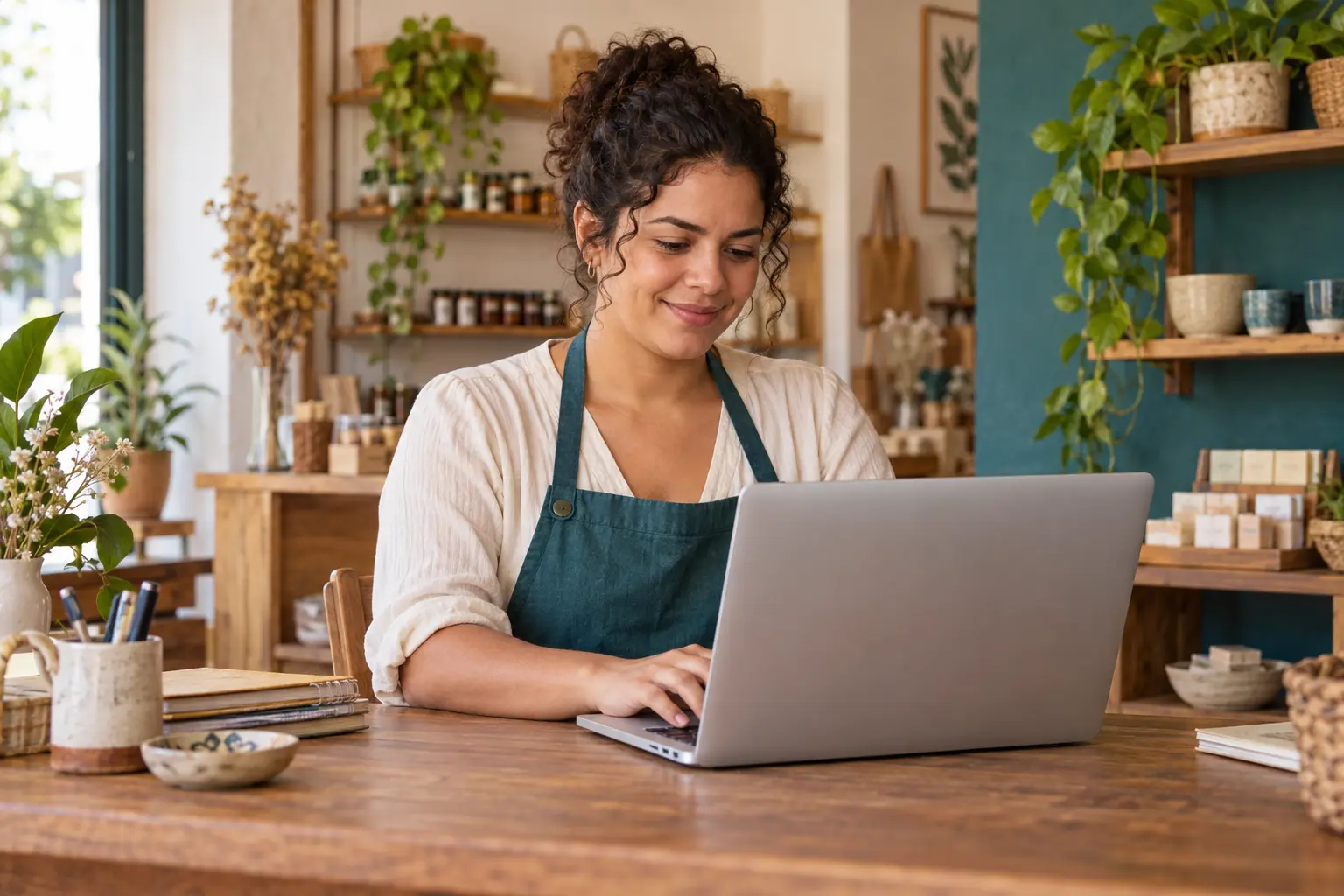 Cena ilustrativa: empresária satisfeita ao conferir a entrega no notebook.